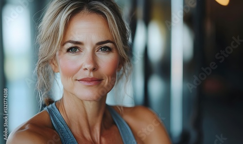 a portrait of a fit woman smiling with a gym background. Free Download a portrait of a fit woman smiling with a gym background. - GFXLoad