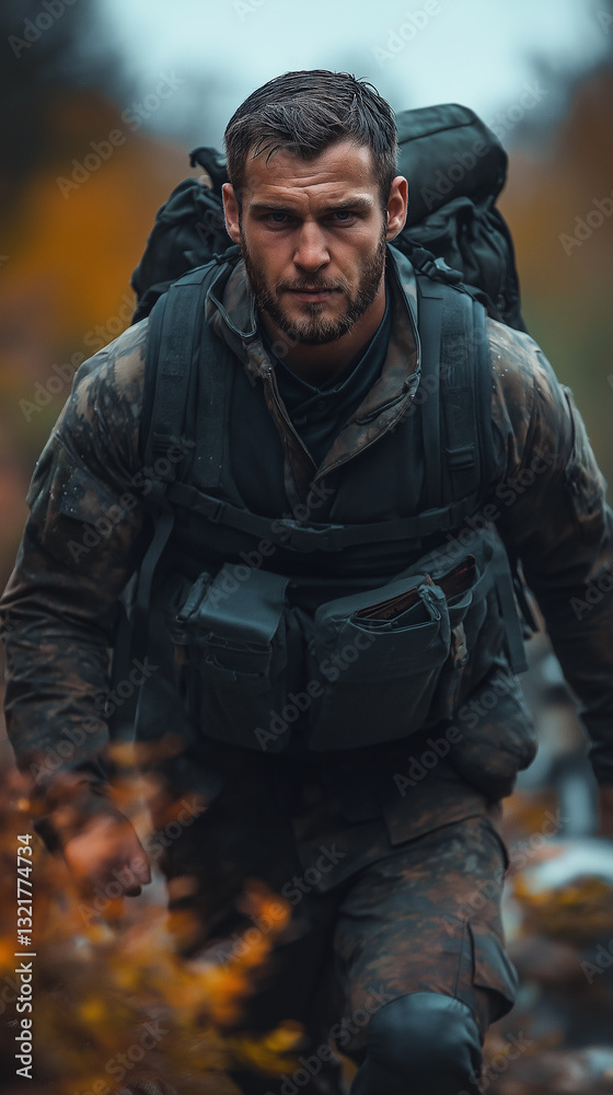 Obraz premium Soldier in Camouflage Walking Through Autumn Forest