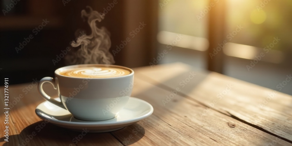 Aromatic Steaming Coffee in a White Cup on Wooden Table in Warm Sunlight Aromatic Steaming Coffee in a White Cup on Wooden Table in Warm Sunlight