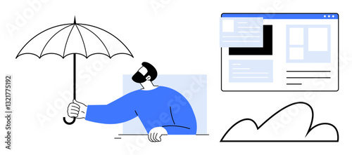 Man holding umbrella under a cloud near web browser mockup emphasizes digital security, cloud protection, privacy, technology solutions, online safety, user trust, flat simple metaphor