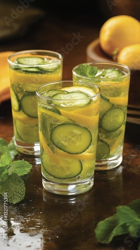 Refreshing Cucumber Mint Lemonade Served in Clear Glasses on a Granite Counte...