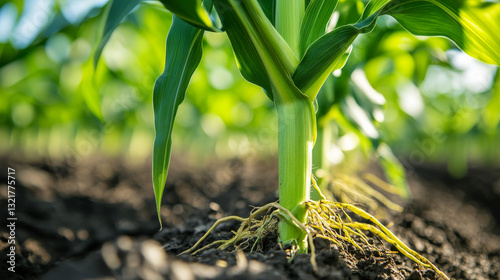 A close-up image of a corn plantâ€™s root system highlights concepts of agriscience, agronomy, and biotechnology research