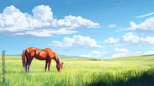 Horse eating grass on the grassland, beautiful horse in the rangeland, flat illustration, grassland animal, spring holiday travel concept, animal poster