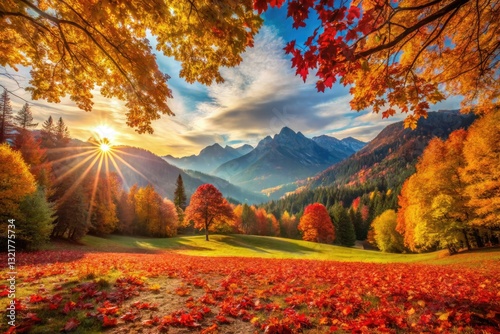 Autumn's fiery hues paint majestic peaks; a rule of thirds composition captures breathtaking beauty.