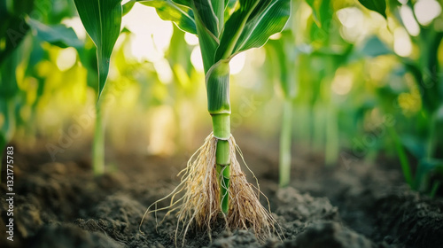 A close-up image of a corn plantâ€™s root system highlights concepts of agriscience, agronomy, and biotechnology research