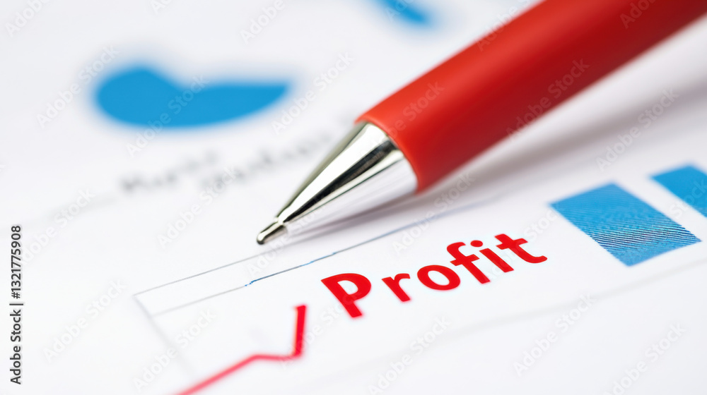 red pen points to word Profit on financial report, highlighting positive results red pen points to word Profit on financial report, highlighting positive results