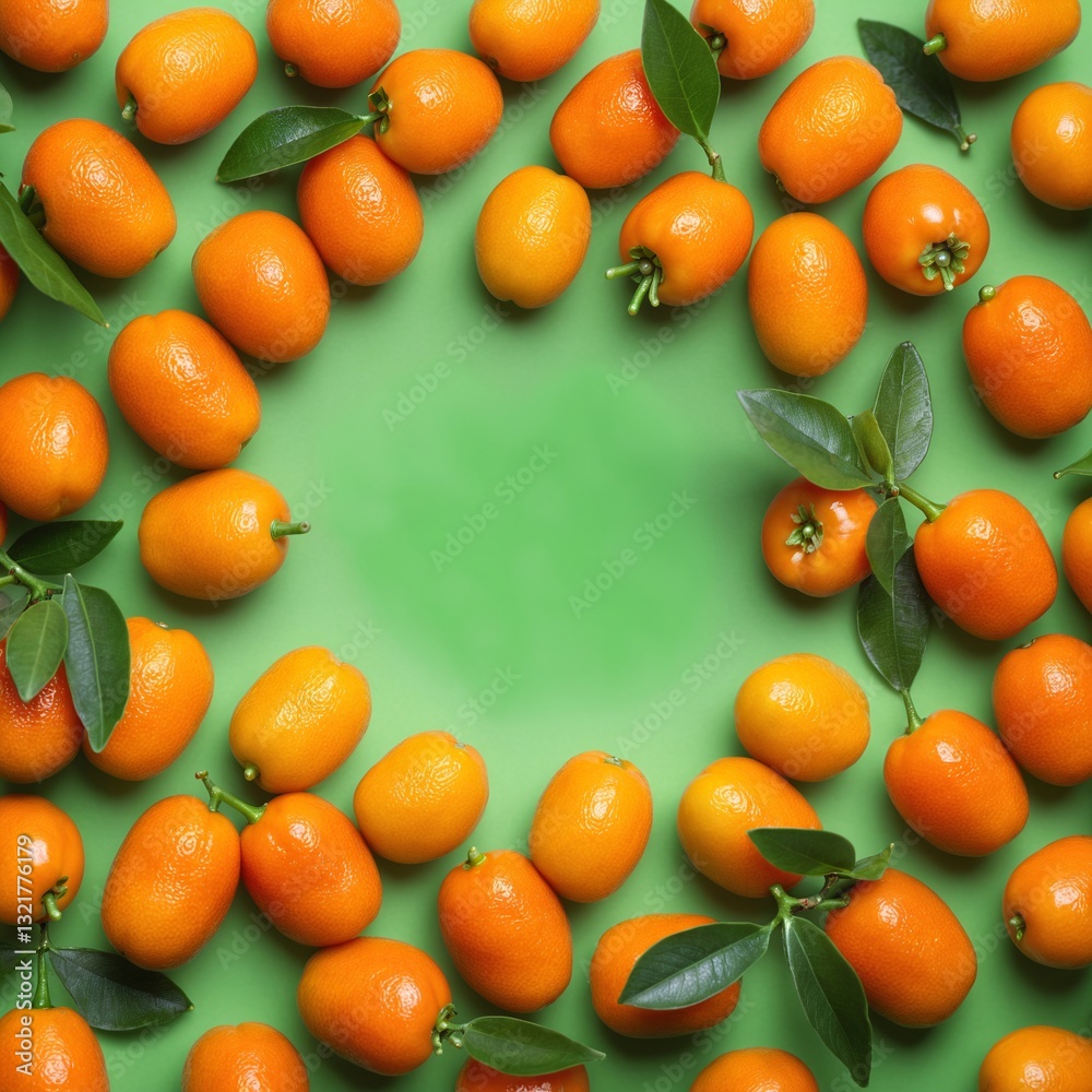 Kumquat fruit on green. Top view, copy space