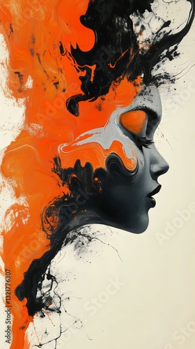 Artistic Representation of a Womans Profile With Vibrant Orange and Black Abs...