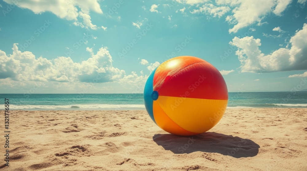 Obraz premium Colorful beach ball on sandy shore. Sunny day. Potential use for summer vacation posters