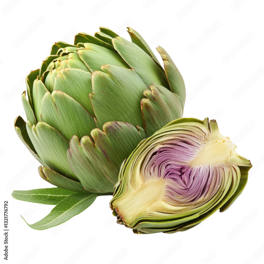 Obraz premium Fresh Artichokes with Green Leaves and Purple Heart on White Background