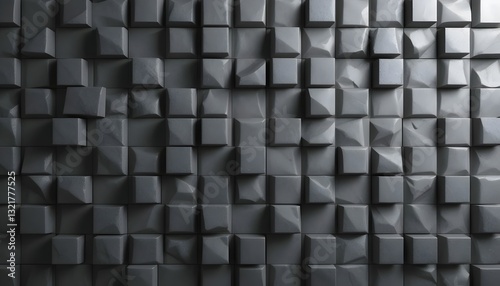 Dark Faceted Cubic Wall with Subtle Gloss. Modern Monochrome Mosaic of Textured 3D Blocks.