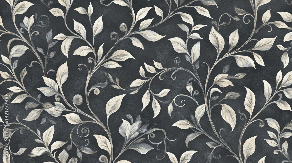 Elegant off-white leaf pattern on dark gray background, creating a sophisticated and refined aesthetic, showcasing a timeless floral design ideal for various applications Elegant off-white leaf pattern on dark gray background, creating a sophisticated and refined aesthetic, showcasing a timeless floral design ideal for various applications