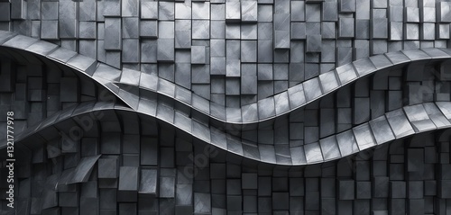 Abstract Grey Wall with Curved Metallic Patterns and Geometric Tiles. Modern Architectural Design Featuring Sculptural Silver Waves and Stone Textures.