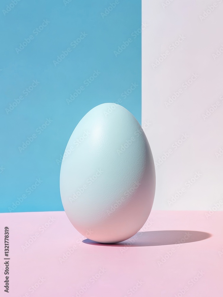 Fototapeta premium Pastel Egg on Bi-Color Background - A single, large light-blue egg rests on a pink surface, set against a backdrop of light blue and white. It symbolizes new beginnings, fragility, potential, purity