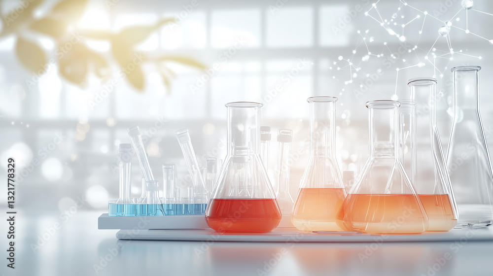 A collection of laboratory glassware filled with various colored liquids, hinting at productive scientific research A collection of laboratory glassware filled with various colored liquids, hinting at productive scientific research
