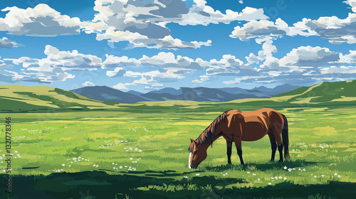Horse eating grass on the grassland, beautiful horse in the rangeland, flat illustration, grassland animal, spring holiday travel concept, animal poster