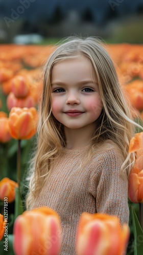 Young Girl Smiling Among Vibrant Orange Tulips in a Flower Field During Sprin...