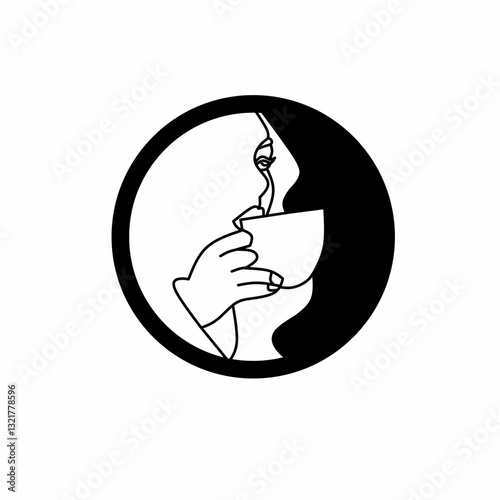 illustration of a logo of a woman drinking coffee in black and white