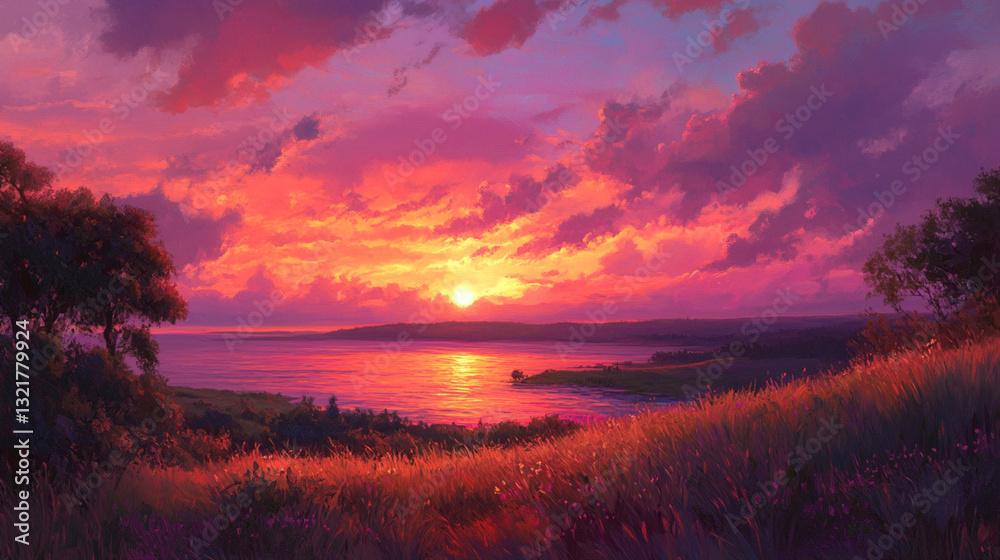 Fototapeta premium Sunsets over the horizon paint the sky with warm shades of pink, orange, and purple.