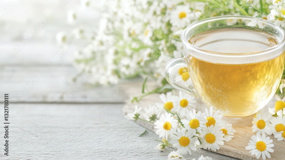 Chamomile Tea Ritual: An inviting close-up captures a delicate teacup filled with soothing chamomile tea, adorned by a bouquet of fresh chamomile flowers on a rustic wooden surface. Chamomile Tea Ritual: An inviting close-up captures a delicate teacup filled with soothing chamomile tea, adorned by a bouquet of fresh chamomile flowers on a rustic wooden surface.