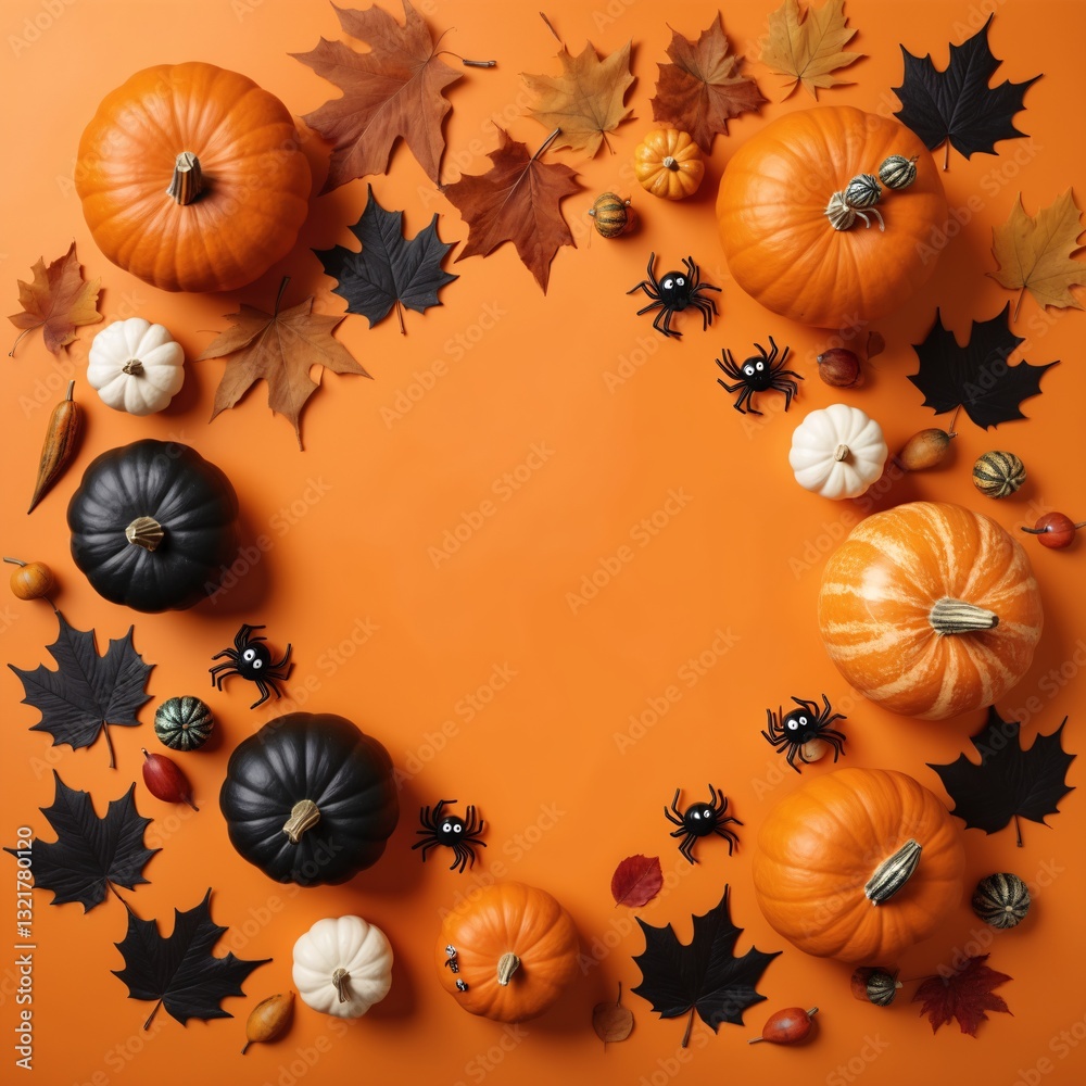 Halloween Flat Lay with Pumpkins, Spiders, and Autumn Leaves on Orange Background.