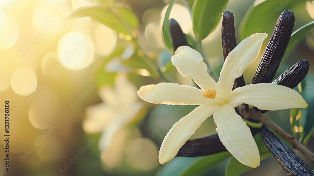 Obraz premium Exotic vanilla flower and pods in a sunlit, natural setting for culinary artistry
