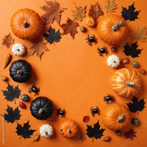 Obraz na płótnie Halloween Flat Lay with Pumpkins, Spiders, and Autumn Leaves on Orange Background. w salonie