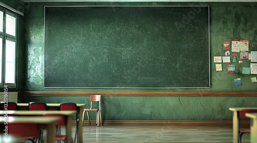 Empty classroom, green chalkboard, desks, school, education photo