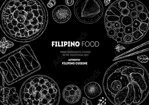 Filipino food top view illustration. Food menu design template. Hand drawn sketch. Filipino food menu. Vintage style.