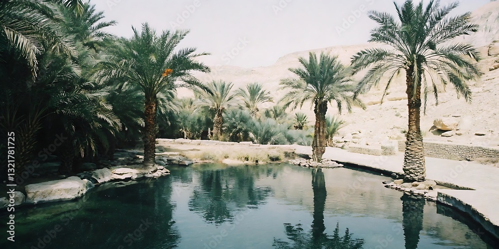 Obraz premium Oasis, Palm Trees, Water, Reflection