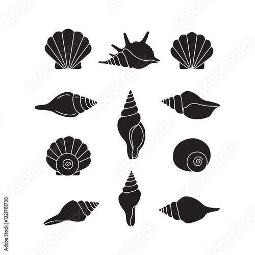 seashell and mollusk silhouette vector icon set ocean conch scallop spiral shell clipart design