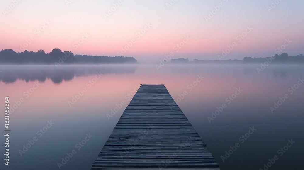 Dock on misty lake at dawn, reflecting pastel sky. Serenity's path. Ideal for mindfulness, meditation apps, nature retreats, and promoting peaceful escapes. Dock on misty lake at dawn, reflecting pastel sky. Serenity's path. Ideal for mindfulness, meditation apps, nature retreats, and promoting peaceful escapes.