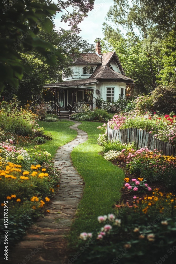 Fototapeta premium A delightful cottage nestled amidst a lively flower garden, complete with a charming stone pathway, all bathed in the warm glow of a sunny day