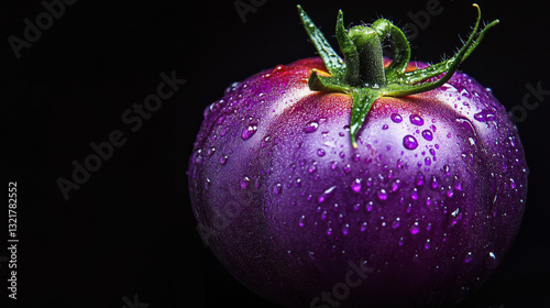 A genetically modified purple tomato enriched with lycopene and anthocyanins glistens with water droplets against a black background, blending science with aesthetics