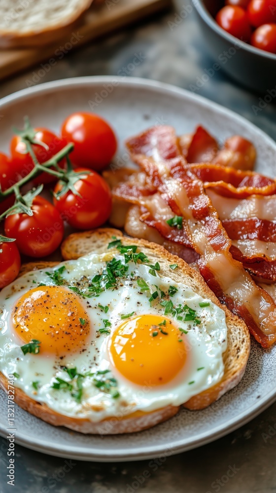 Delicious Breakfast With Crispy Bacon, Fried Egg, and Cherry Tomatoes Served on a Rustic Plate Delicious Breakfast With Crispy Bacon, Fried Egg, and Cherry Tomatoes Served on a Rustic Plate