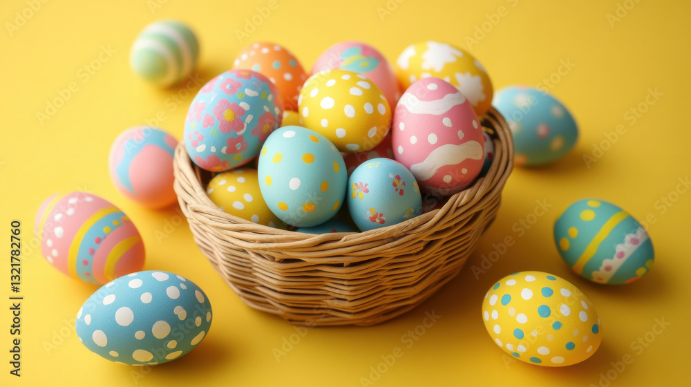 Fototapeta premium Colorful easter eggs in wicker basket on bright yellow background