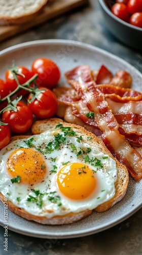 Delicious Breakfast With Crispy Bacon, Fried Egg, and Cherry Tomatoes Served ...