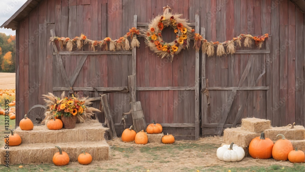 Autumn-Themed Background Backdrop Fall Flowers, Pumpkins, Gourds, Hay Bales,