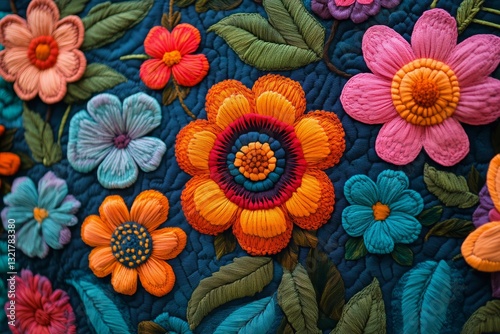 Vibrant Embroidery Design Featuring Colorful Flowers on a Deep Blue Fabric Su...