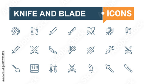 Knife and Blade vector icon set. It contains symbols to medieval, battle, sharp, blade, saber, knife, weapon, war. Sword And Knife linear icon. Art and illustration