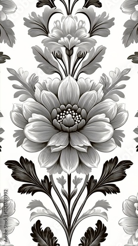 Black and White Floral Design Featuring Intricate Patterns and Detailed Flowers