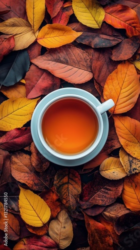 Warm Tea Cup Surrounded by Colorful Autumn Leaves in a Natural Setting