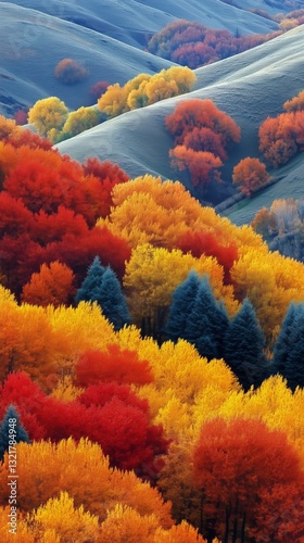 Autumn Landscape With Vibrant Colors in Rolling Hills Under Soft Light