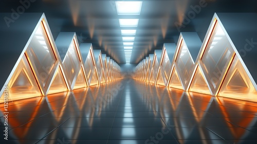 Empty Long Light Corridor. Modern white background. Futuristic Sci-Fi Triangle Tunnel. HD 8K wallpaper Photographic Image