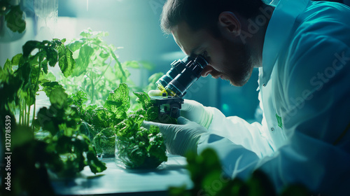 A researcher examines a GMO vegetable under a microscope, representing advancements in genetically modified organism (GMO) research