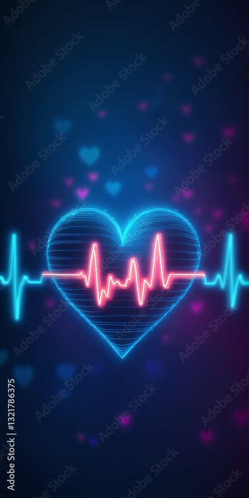 digital heart beat with a glowing neon effect, symbolizing life, health, technology, love, rhythm