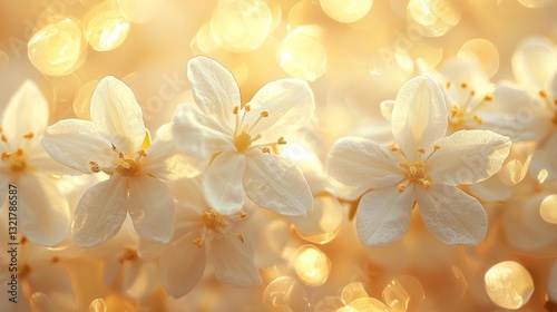 Golden blossom spectacle, delicate white flowers with a soft luminous glow