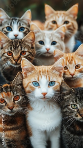Group of Cats With Various Fur Patterns Observing the Outside World During Da...