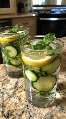 Refreshing Cucumber Mint Lemonade Served in Clear Glasses on a Granite Counte...