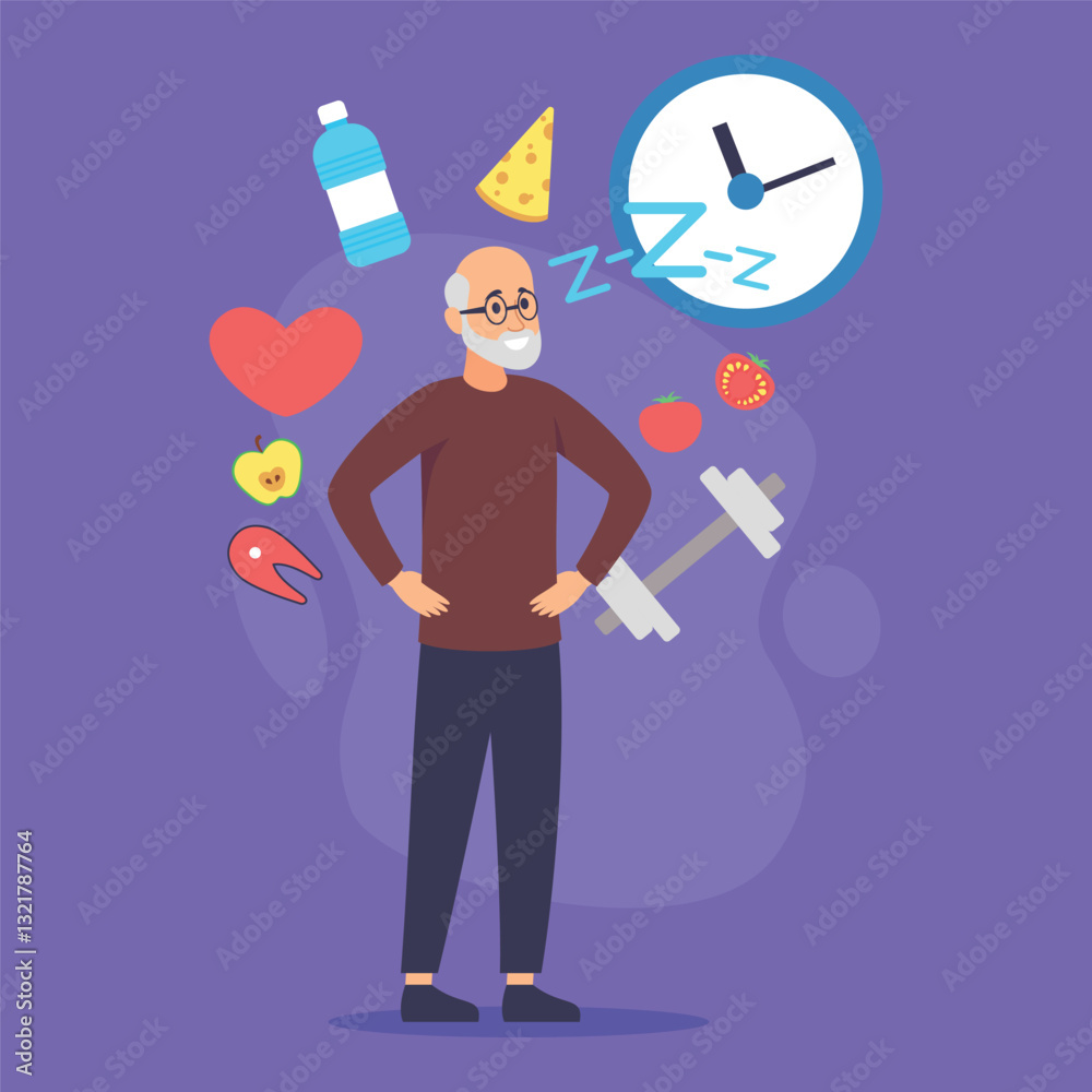 Elderly man standing confidently amidst icons representing health habits, enjoying nutritious food, exercise, hydration, and sufficient rest. Balanced lifestyle concept